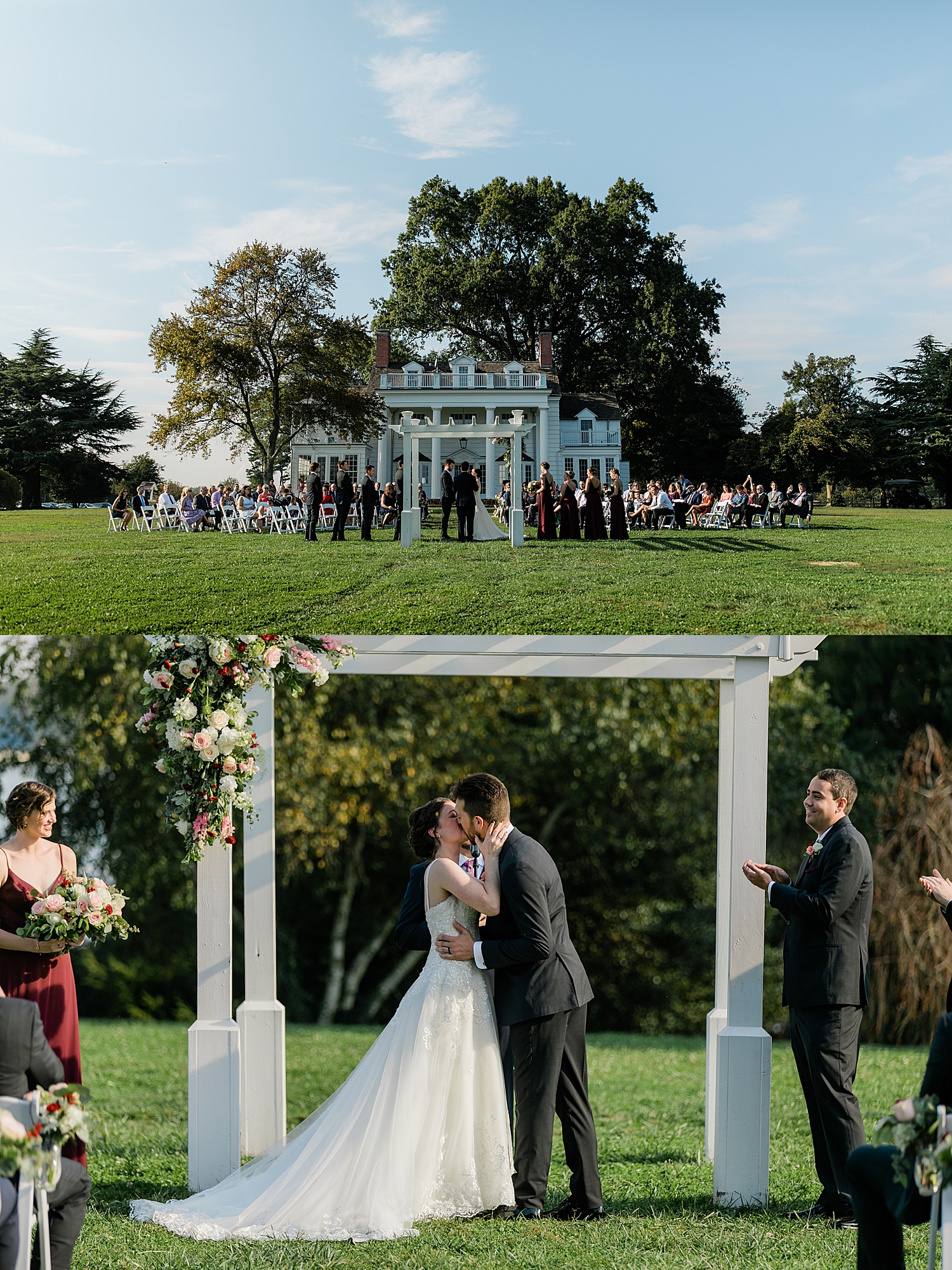 husband and wife share a kiss at outdoor alter by Baltimore wedding photographer