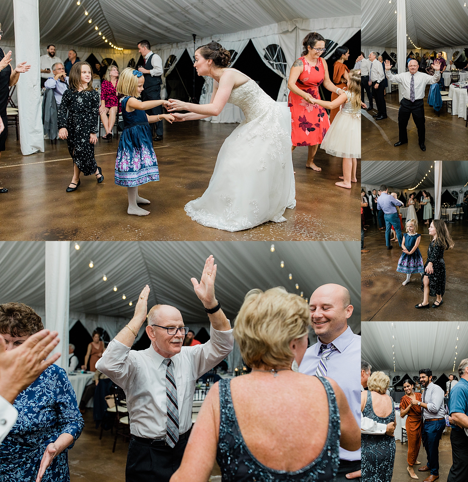 couple dances with their guests under tented reception space by Baltimore wedding photographer