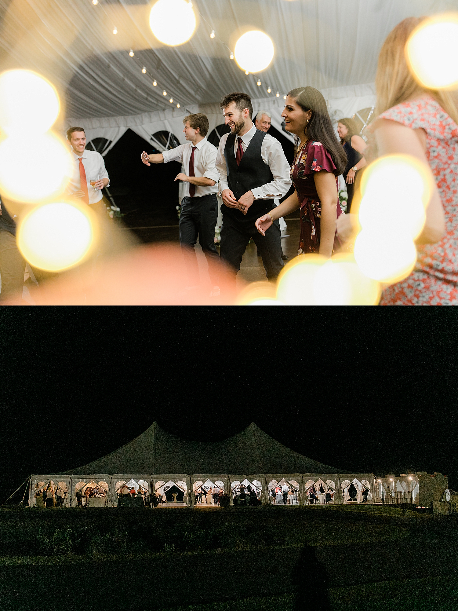 guests party in the night time under tented reception space by Jen Harvey Photography