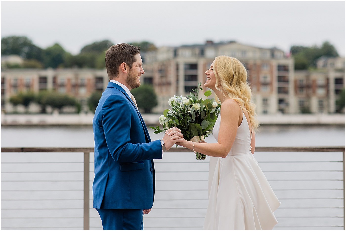 baltimore md bride and groom smiling during first look
