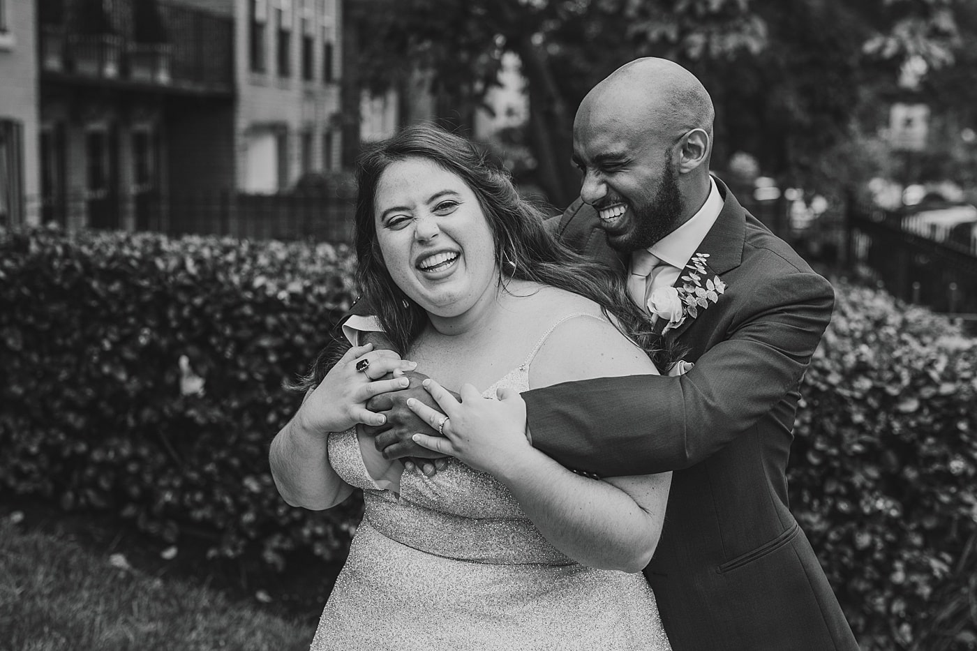 Black and white Washington DC bride and groom portraits