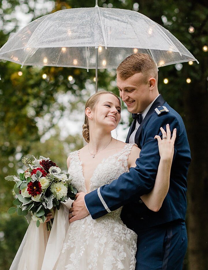 Romantic bride and groom outdoor portrait under umbrella