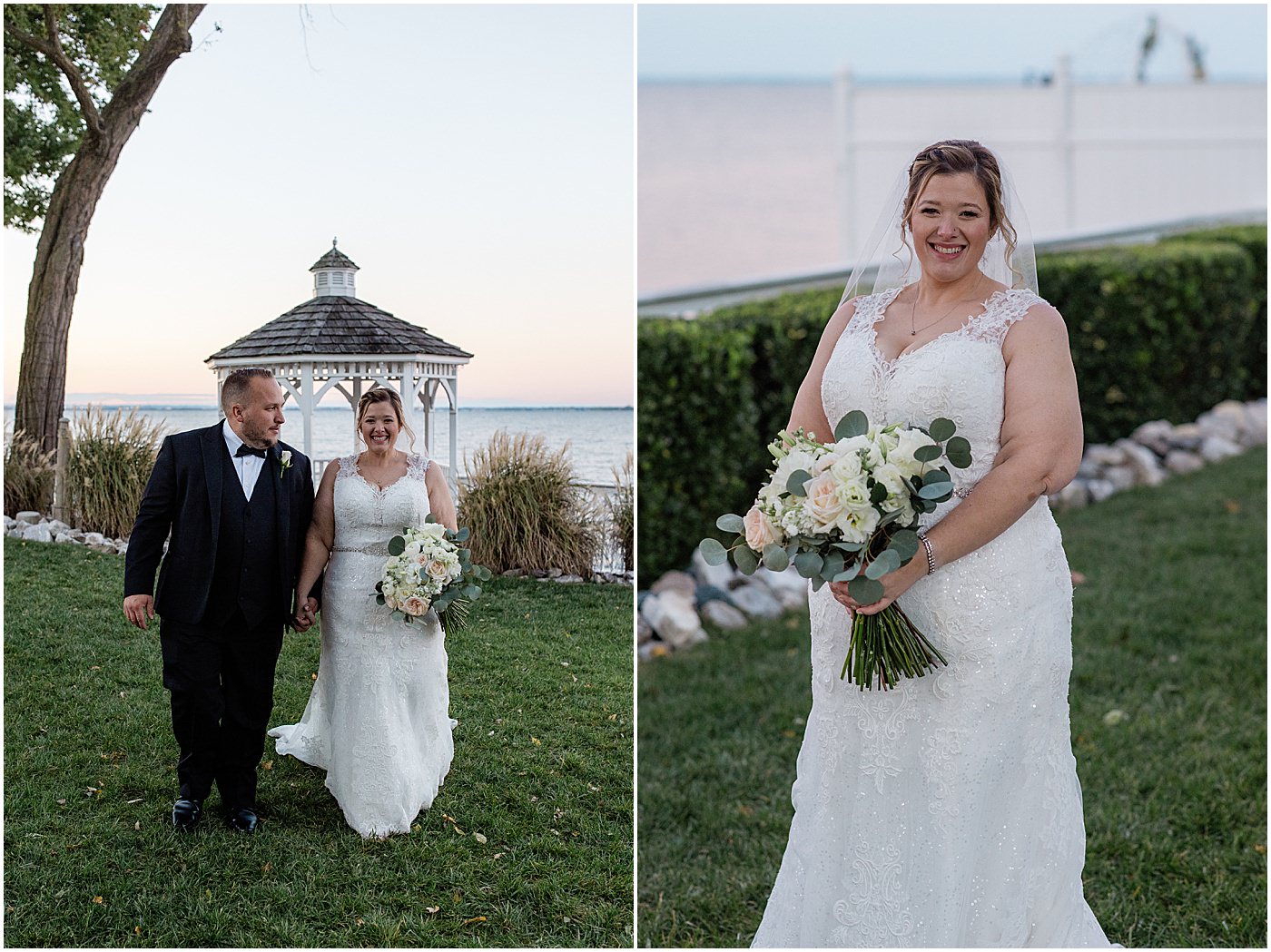 bride and groom walking together during sunset portraits at Celebrations at the Bay