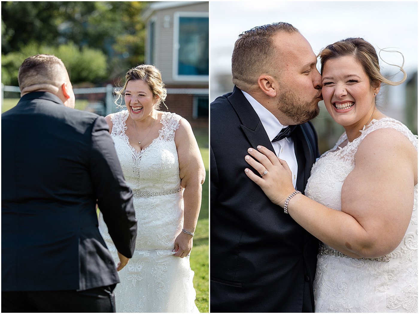 joyful bride and groom first look Celebrations at the Bay 